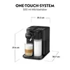 A black Nespresso coffee machine with a milk frother and a glass of coffee is shown with dimensions indicated. Produktbild-Vorschau