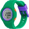 A digital watch with a green strap, purple buckle, and orange buttons against a white background. Produktbild-Vorschau
