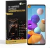 A product box for a screen protector is shown next to a smartphone displaying a colorful abstract wallpaper. The box has text and graphics describing the product. Produktbild-Vorschau