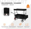 A black handcart with a canopy and a side bag, shown from a slightly angled perspective, with a smaller inset image of the folded cart. Feature icons and text are displayed below. Produktbild-Vorschau