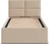 A beige upholstered bed frame with a slatted base, shown from the front. Produktbild-Vorschau