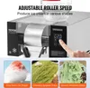 A close-up of a commercial snow ice maker with a hand touching the control panel, and three examples of shaved ice creations below. Produktbild-Vorschau
