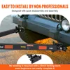 A close-up view of a trailer hitch attached to a vehicle, with text overlays highlighting ease of installation and features. Produktbild-Vorschau