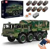 A detailed product shot of a military truck building block set, including the box, components, and a remote control, with a hand holding a smartphone to demonstrate app control. Produktbild-Vorschau