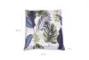A square pillow with a tropical leaf pattern, shown with dimensions indicated. Produktbild-Vorschau
