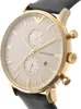 A close-up, angled view of an Emporio Armani chronograph watch with a gold-tone case and a black leather strap. Produktbild-Vorschau