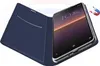 A dark blue flip case for a smartphone is open, revealing the phone's screen and a card slot inside the case. A small graphic of a magnet is shown to the right. Produktbild-Vorschau
