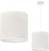 Two views of a white cylindrical pendant lamp with a textured fabric shade. Produktbild-Vorschau