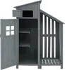 A gray wooden garden shed with an open door and shelves inside. Produktbild-Vorschau