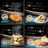 A collage of four images showcasing different functions and foods cooked in an air fryer, with controls and labels. Produktbild-Vorschau