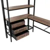 A close-up view of a corner desk with shelves and drawers. Náhled obrázku produktu