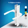 A white door handle set is displayed against a blue and white gradient background, with color swatches shown on the right. Anteprima dell’immagine prodotto