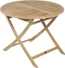 A round, foldable teak garden table with an X-shaped base, shown against a white background. Produktbild-Vorschau
