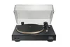 A black turntable with a gold trim and a clear dust cover, presented on a white background. Voir les images du produit