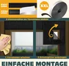 Collage showing installation steps for a magnetic insect screen for a door or window, including cleaning the frame, attaching velcro strips, and attaching the screen. Produktbild-Vorschau