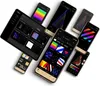 A collage of smartphones and a tablet displaying various lighting effects and app interfaces, likely for smart lighting products. Produktbild-Vorschau