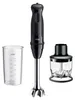 A black Braun hand blender with its accessories, a measuring cup and a chopper attachment, displayed on a white background. Anteprima dell’immagine prodotto