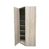 A tall, narrow corner wardrobe with two doors, one of which is open, revealing multiple shelves inside. The wardrobe has a wood-grain texture. Voir les images du produit