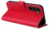 A red flip case for a smartphone is shown open, revealing the phone's camera array. Produktbild-Vorschau