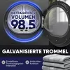 A close-up of a dryer drum with text overlays highlighting its features, and a stack of towels in the foreground. Produktbild-Vorschau