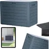 A collage of images showing a dark gray plastic storage box with a wood-grain texture. One image shows the box in a lifestyle setting on a patio, another shows a close-up of the lid, and a third shows a partial view of the box. Podgląd zdjęcia produktu