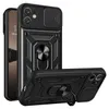 A black protective phone case with a camera cover and a ring holder is shown from two angles. Produktbild-Vorschau