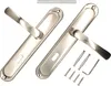 A pair of satin nickel door handles with mounting hardware. Produktbild-Vorschau