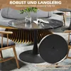 A round dining table with a marble top and a black tulip-style base, shown in a modern interior setting with chairs and a sofa. A close-up of a protective floor mat is also included. Produktbild-Vorschau