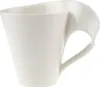 A white ceramic mug with a unique, curved handle, presented against a plain white background. Produktbild-Vorschau