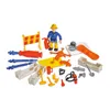 A collection of firefighter-themed toys and accessories, including a figure, a fire hydrant, a hose, a barrier, and other tools, arranged on a white background. Produktbild-Vorschau