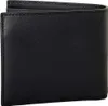 A black leather bifold wallet is shown closed and lying flat. Produktbild-Vorschau