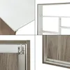 A collage showing close-ups of a wall-mounted table/shelf unit with white and wood-look finishes. Podgląd zdjęcia produktu
