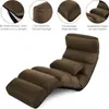 A brown floor chair with multiple adjustable sections and a small pillow, presented with feature callouts. Voir les images du produit