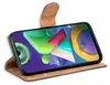 A brown flip case for a smartphone, shown open with the phone inside displaying a colorful abstract wallpaper. Produktbild-Vorschau