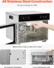 A stainless steel food dehydrator with its door open, showing the interior and a hand placing a tray. Smaller inset images show the exterior body and trays in a dishwasher. Náhľad obrázku produktu