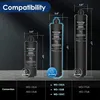 The image shows three different sizes of water filters from the brand Waterdrop, along with their dimensions and compatible model numbers. The filters are arranged side-by-side on a textured gray surface. Anteprima dell’immagine prodotto
