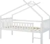 A white wooden house bed frame with a slatted base and a ladder on the side, shown against a white background. Produktbild-Vorschau