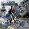 A woman riding a cream-colored electric bicycle on a city street, with close-up insets highlighting various features of the bike. Produktbild-Vorschau