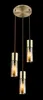 A pendant light fixture with three glass shades and brass accents, suspended against a black background. Náhľad obrázku produktu