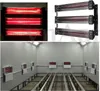 A collage of images showing infrared heating lamps, including a close-up of the heating elements and a larger view of multiple lamps installed in a spray booth. Podgląd zdjęcia produktu