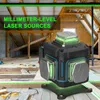A laser leveling tool is shown in a construction site setting, with green laser lines projected. Podgląd zdjęcia produktu