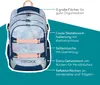 A backpack with various features highlighted by text overlays. Voir les images du produit