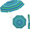 A beach umbrella is shown in three different views: open and angled, closed and upright, and open from a top-down perspective. Náhled obrázku produktu