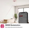 A smart smoke detector system is shown in a modern living room, with a smartphone app interface displayed. Produktbild-Vorschau