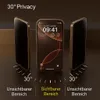 Three smartphones are displayed at different angles to demonstrate privacy screen functionality. The central phone shows the time and date, while the side phones are blacked out. Produktbild-Vorschau