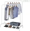 A white metal garment rack with clothes hanging on it and shoes and boxes on the lower shelf. Podgląd zdjęcia produktu