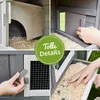 A collage of four images showing details of a wooden animal hutch, including the interior, a sliding door, a latch, and bedding. Produktbild-Vorschau