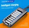 A battery charger with batteries inserted, set against a blue and orange background with marketing text. Náhľad obrázku produktu