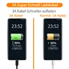 Comparison of fast charging speeds between a 3A cable and a 1A cable, shown on two smartphones. Produktbild-Vorschau