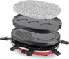 An exploded view of a raclette grill with its various cooking surfaces stacked on top of each other. Produktbild-Vorschau